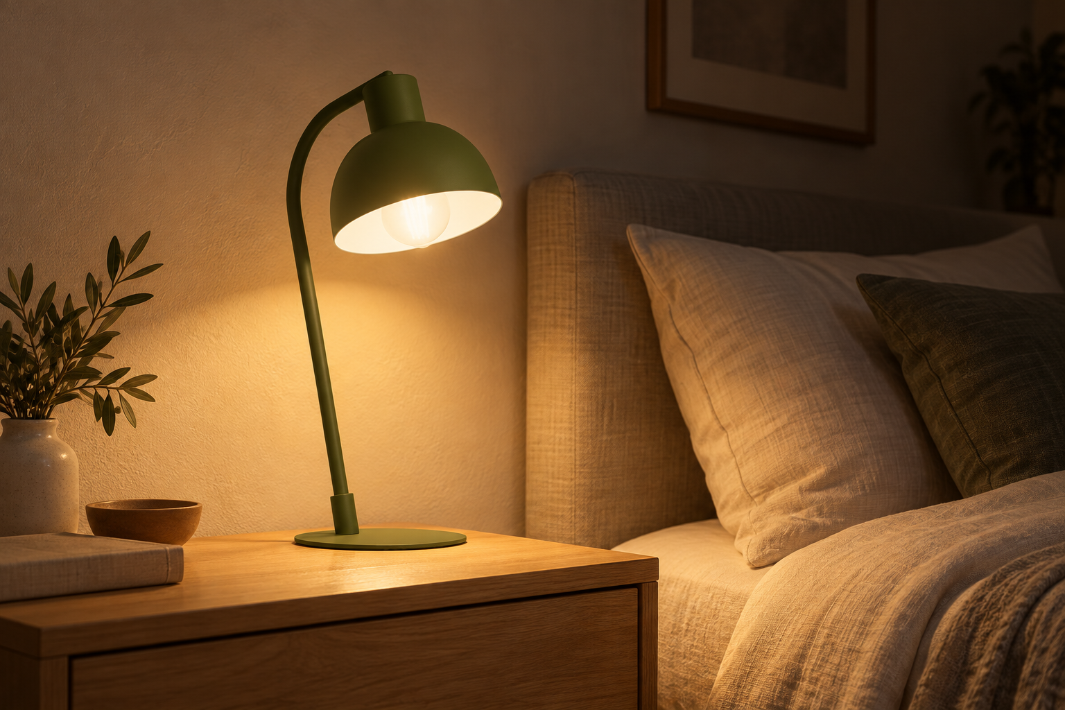 Lámpara EGLO Cazalilla verde sobre una mesilla de madera, en un dormitorio con iluminación cálida nocturna.